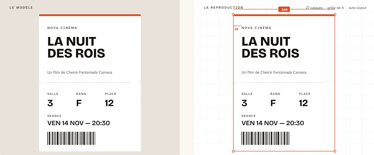 À gauche, un ticket de cinéma servant de modèle. À droite, la reproduction construite par un élève dans Figma, avec sa grille, son cadre de sélection et ses cotes de marge.